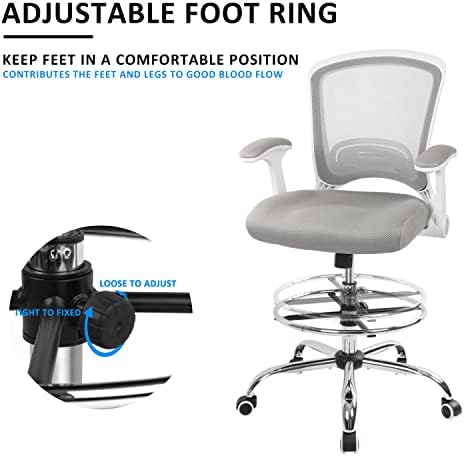 כיסא ניסוח היילון כיסא משרדי גבוה לשולחן עבודה עומד, שרפרף שרטוט רשת עם טבעת רגל מתכווננת וזרועות