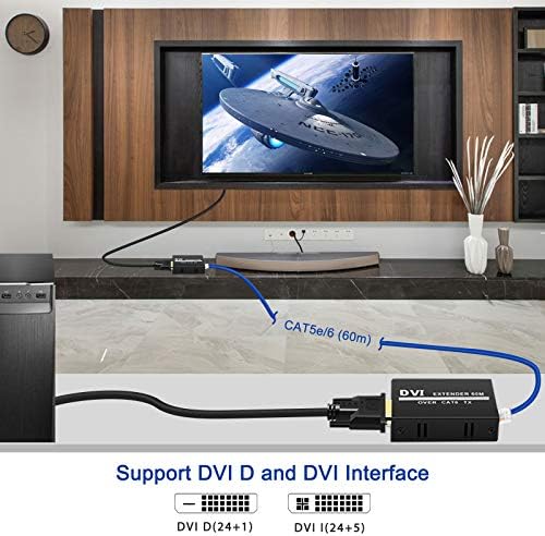DVI Extender Over Cat5e/6/7 כבל אתרנט עד 196ft עם משדר ומקלט משחזר Balun DVI מתאם Ethernet תומך 1920x1200