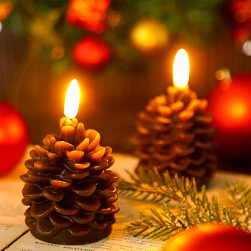 4 חתיכות חג המולד אצטרובל ללא להבה הוביל נרות חג המולד אצטרובל נר קישוטי שעווה אמיתית ללא בישום סוללה