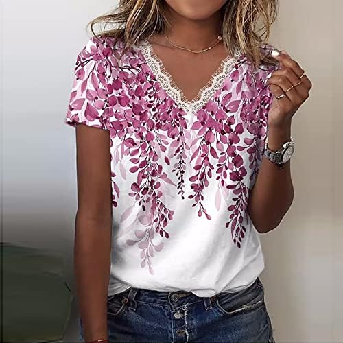 תחרה תחרה לבוש V צוואר חולצה חולצה לנשים הדפס פרחים פופולרי חולצות שרוול קצר חולצות טוניקה