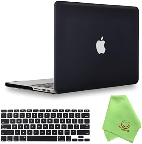Ueswill תואם ל- MacBook Pro, דגם A1398, מארז מעטפת קשה מפלסטיק עם כיסוי מקלדת שחור + בד מיקרופייבר, שחור