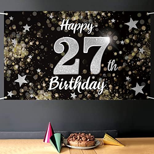 יום הולדת ה -27 שמח נלבירת שחור & מגבר; באנר גדול כוכב כסף - לחיים 27 שנים יום הולדת ישן רקע קיר קיר הבית, קישוט