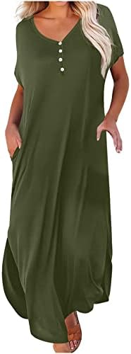 שמלות מקסי של קיץ LMDUDAN לנשים שמלות כיס צבע אחותי אופנה שרוול קצר שרוול V כפתור צוואר חוף שמלות