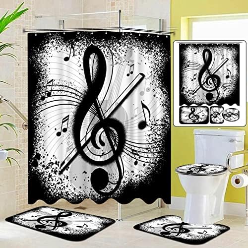 סטים של וילון מקלחת שחור -לבן RNNJoile עם שטיחים ומחצלות 4 מוסיקה מוסיקה נושאים אמנות אמנות