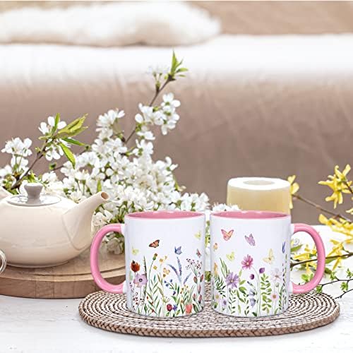 וולין 2 יחידות קיץ קרמיקה ספלי 12 עוז אביב בצבעי מים פרחי פרפרים קפה ספלי ורוד לבן פרחוני כוסות חנוכת בית