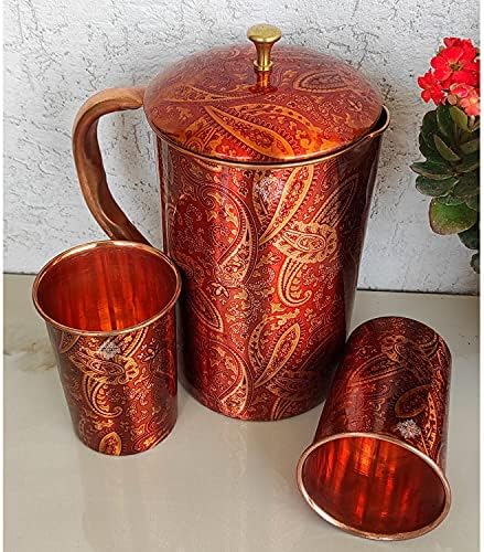 הודי אמנות וילה מודפס עיצוב טהור נחושת 1 כד 2 זכוכית סט, כלי שתייה, אחסון & מגבר; הגשה מים, צבע-אדום, כד -