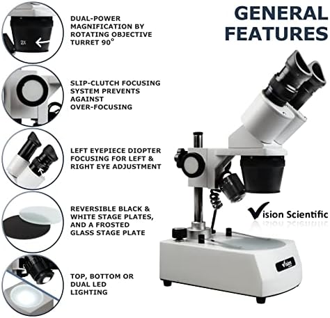 ראייה מדעית 0002-מיקרוסקופ סטריאו משקפת 13, עינית רחבה פי 10, מטרות פי 1 ו -3, הגדלה פי 10 ו -30, תאורת לד עליונה