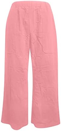 מכנסי רגל רחבים לנשים בצבע אחיד כותנה פשתן מותניים אלסטיים מכנסיים רופפים מזדמנים