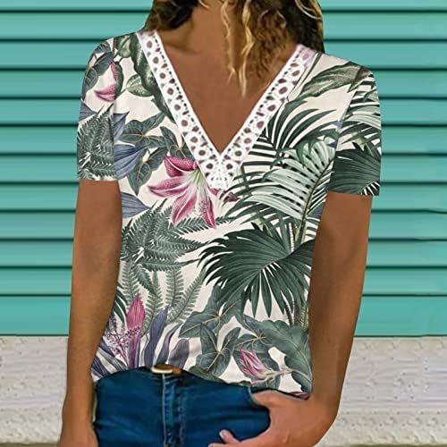 צמרות קיץ לנשים תחרה סרוגה V צוואר שרוול קצר טוניקה צמרות חולצה זורמת אלגנטית פרח טרופי חולצות הוואי