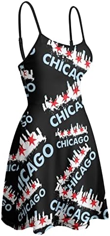 שיקגו עיר סקייליין דגל הדפסת חוף שמלה לנשים ללא שרוולים ספגטי רצועת הוואי שמלה קיצית מיני