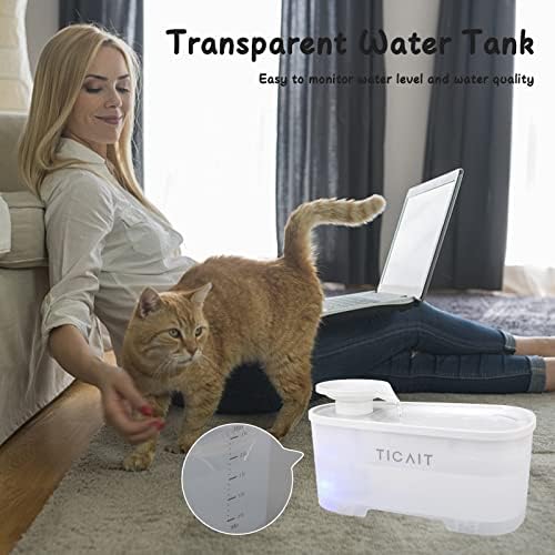 מזרקת מים לחתול טיקייט, מתקן מים אוטומטי לחיות מחמד 84 עוז/2.5 ליטר, משאבה חכמה ללא בסיס, שקטה במיוחד עם קערת