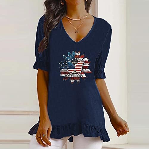 4 ביולי חולצות לנשים שרוול קצר חולצות טוניקות חולצות פסים דגל אמריקאי עניבה צבע חולצת טוניקה פטריוטית