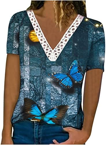 נשים קיץ תחרה חולצות צוואר שחבור פרחוני הדפסת חולצה בתוספת גודל קצר שרוול רופף מתאים מקרית טרנדי