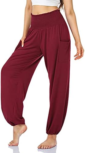 Carpetcom מכנסיים נעימים מזדמנים של נשים מזדמנים נוחות סמוסקד מכנסי טרנינג מותניים גבוהים מכנסיים הרמון