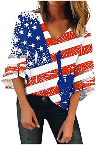 4 ביולי תלבושות לנשים 3/4 חולצות שרוול פעמון חולצות טריקו עם צווארון דגל אמריקאי לנשים חולצות פטריוטיות