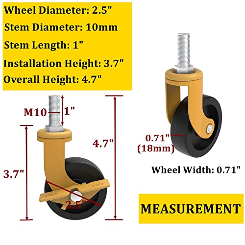 2.5-אינץ גלגלים, גלגלית גלגלים סט של 4 עם נעילת בלמים, מטרי יחידה הברגה גזע גומי גלגלים עבור ריהוט גלגלים