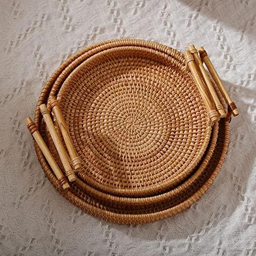 Baoblaze rattan לחם עגול הגשת סל לחם בעבודת יד מגש מגש מגש עם ידית עץ, 22x3 סמ