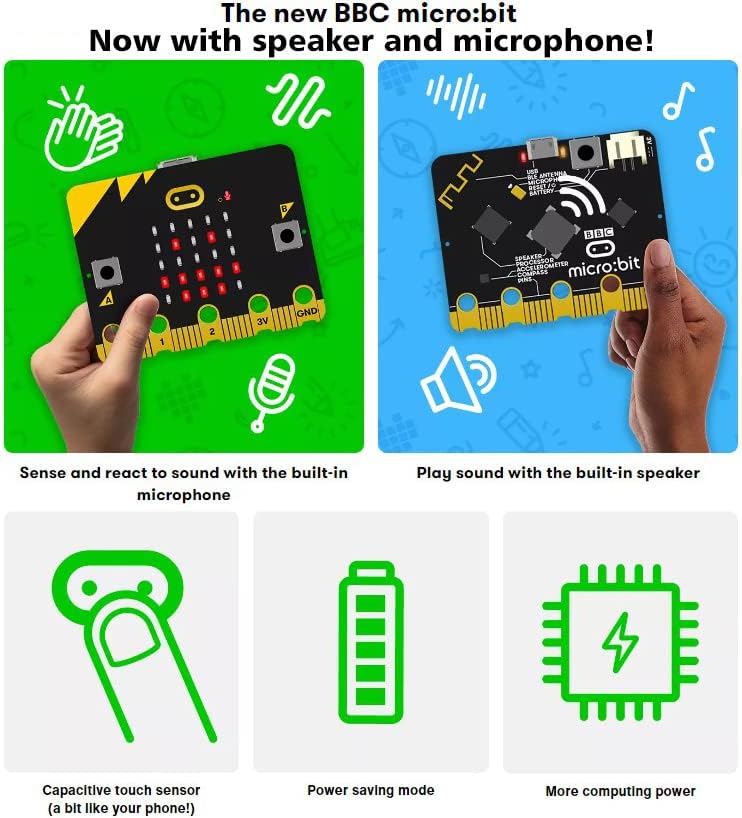 Ex Electronix Express BBC Micro: BIT V2 לוח עם כבל MicroUSB וחבילת סוללות - מחשב SBC לתכנות לקידוד ותכנות