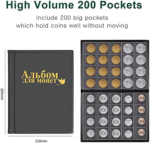 ספר אספקת אוסף מטבעות עבור אספנים, 200 כיסים גדולים מטבע אלבום עם פינצטה, עור מפוצל כיסוי מטבע מקרה