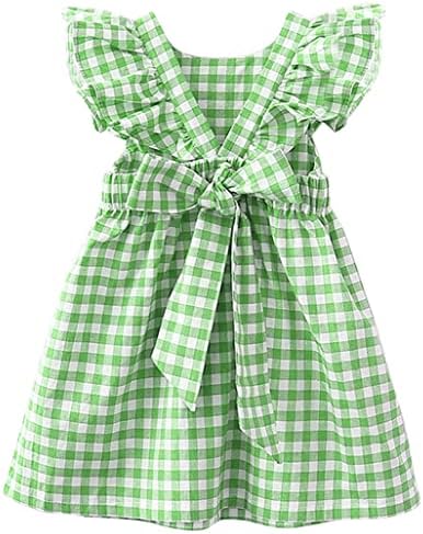 AGQT בנות תינוקות משובצות שרוול שרוול ג'ינגהאם שמלות קיץ אביב גודל 6M-8T