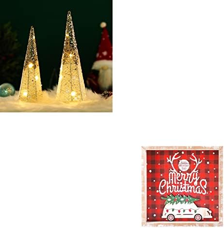 2 יחידות מואר חג המולד שולחן קישוטי עם גליטר וכפרי עץ ממוסגר סימן עבור חג המולד דקור