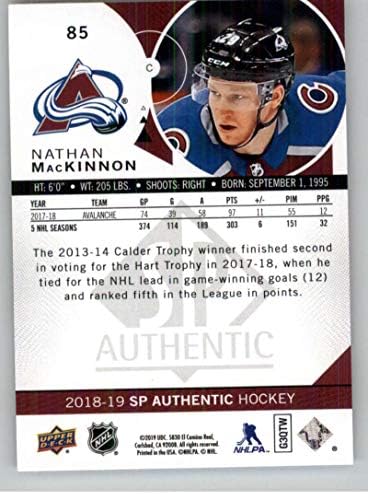 2018-19 SP הוקי אותנטי 85 Nathan Mackinnon Colorado Avalanche רשמי כרטיס מסחר NHL מהסיפון העליון