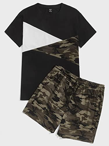 NIBHZ תלבושות שני חלקים לגברים גברים ColorBlock & Camo Print Tee & Shorts Shorts Shorts