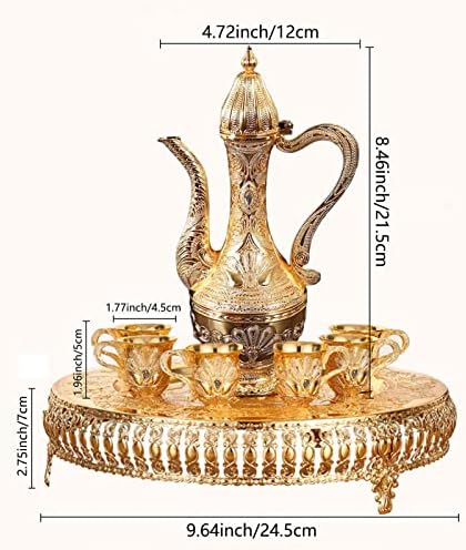 סט קפה טורקי וכוס סיר תה כולל קומקום, מגש תה, 6 כוסות מתכת, סט שירות תה לעיצוב שולחן תה, בקבוק מפרק,