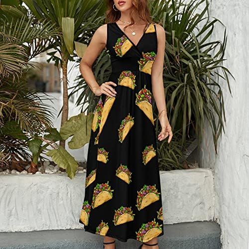 מקסיקני טאקו קרקע לפגוש שרוולים מקסי שמלות מקרית חוף ארוך שמלות קיץ עם צלב צווארון לנשים קיץ