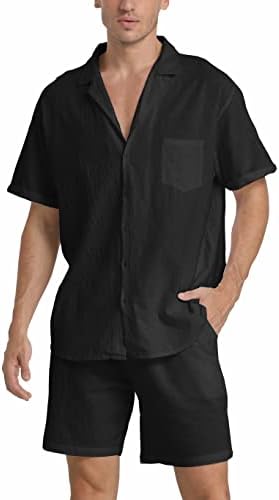 חולצה פשתן קצר תלבושות: גברים של חוף 2 חתיכות מקרית כפתור למטה סטים