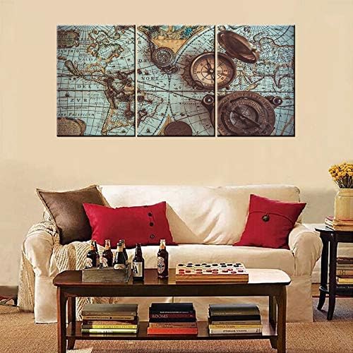 תמונות נורדיות לסלון עולם ישן מפה ציור ויקינגים מפת פירט יצירות אמנות 3 הדפסים על קנבס מצפן וינטג