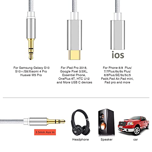כבל 3 ב-1 לרכב, אזדור 3 ב-1 אוזניות כבל שמע לרכב סטריאו לרכב תואם לגוגל פיקסל 5/3, אחד פלוס, סמסונג גלקסי נוט