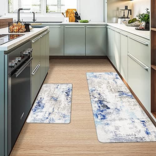 מטבח שטיח סטי 2 חתיכה כחול ואפור מופשט דפוסים החלקה שטיחים ומחצלות אנטי עייפות נוחות עומד שטיח לרצפה, אמבטיה,