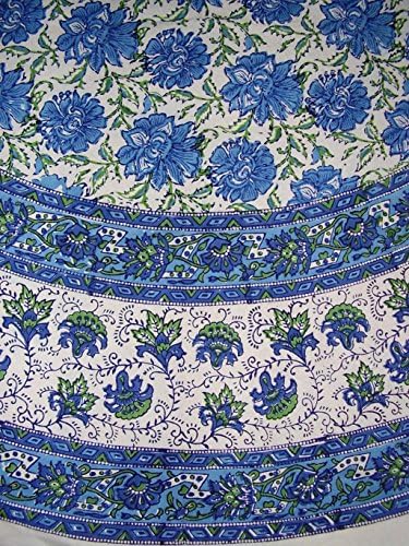 בלוק פרחים לוטוס הדפס שולחן כותנה פרחוני עגול 72 כחול