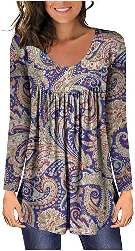 צמרות שרוול ארוך פרחוני של נשים הנלי נגד צוואר כפתור חולצות בגדי קיץ מזדמנים טוניקה טוניקה חולצות סוודר