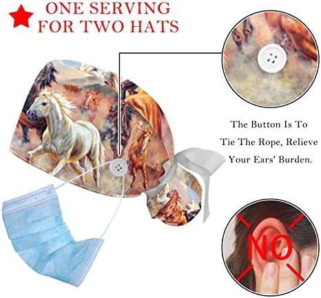 לורוויס רפואי כובעי עבור נשים עם כפתורים ארוך שיער, 2 חתיכה מתכוונן עבודה כובע, סוסים ריצה שמן ציור