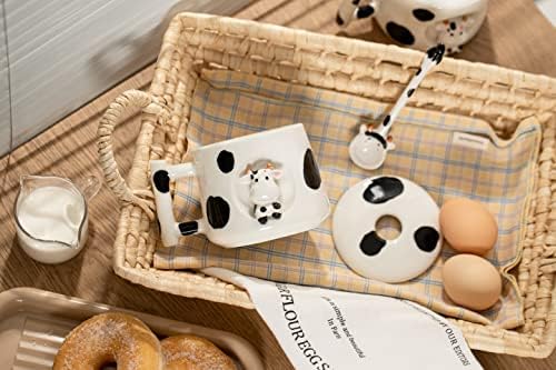 ספל פרה קרמיקה תלת -ממדית מקסים עם מכסה וכף - מושלם לקפה, תה, חלב ועוד - מתנה אידיאלית לאוהבי בעלי חיים מתנה למתר