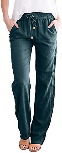 בתוספת גודל פשתן מכנסיים, מוצק אלסטי מותניים רחב רגל עבודה שרוך פשתן מכנסיים עם כיסים חמוד מכנסיים לנשים