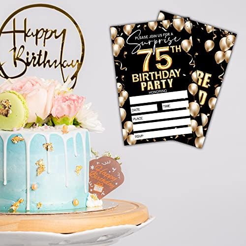 הזמנה ליום הולדת 75 - הזמנה ליום הולדת שחור וזהב - יום הולדת הזמנת רעיונות לאישה ומבוגרים - 20 כרטיסי