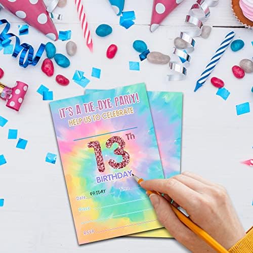 הזמנות ליום הולדת עם מעטפות, סט של 20, הזמנה ליום הולדת 13, עניבת צבע ליום הולדת ציוד לקישוט חגיגות