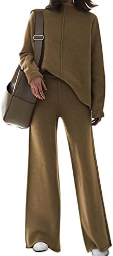 צוואר גבוה של Meenew's High Pake 2 חלקים סוודר שרוול ארוך סרוג סוודר מכנסי רגל רחבים סט תלבושות