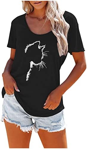 נשים 2023 חולצות טי קיץ חתול חמוד מודפס רופף צוואר עגול עגול חולצה שרוול קצר חולצה עם צמרות טוניקה בכיס