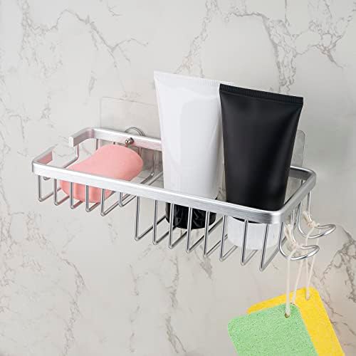 קיר קיר קיר רכוב מדף קאדי עם ווים ומחזיק סבון, מתלה מארגן מקלחת אלומיניום, ללא סל מקלחת קידוח לחדר אמבטיה