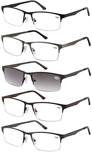 5-חבילה מתכת חצי מסגרת קריאת משקפיים גברים מלבן סגנון נירוסטה חומר אביב צירים כולל שמש קוראי 2.50