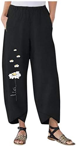 כותנה פשתן קאפרי מכנסיים נשים מקרית קיץ קאפרי מכנסיים עם כיסים גבוהה מותן קומפי חוף מכנסיים בציר