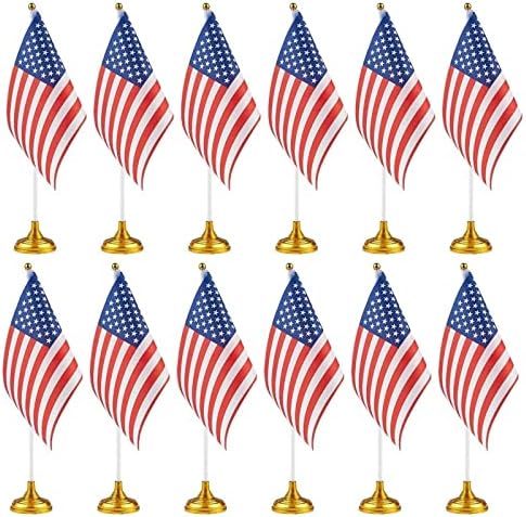12-חבילה מיני אמריקאי דגלי עם מעמד בסיס עבור שולחן, ותיקים, 4 ביולי, יום זיכרון קטן מיניאטורי ארהב שולחן