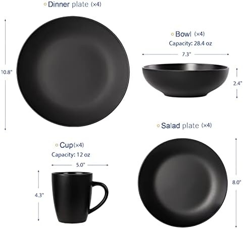 כלי אוכל עגולים של Creativeland Ston כלי ארוחות עגולים ומטבח ארוחות עמיד, שירות 16 חלקים ל -4, קערות פסטה,