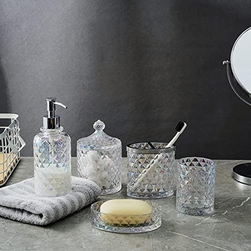 סט של 5 אביזרי אמבטיה של חדר אמבטיה מזכוכית כולל מתקן סבון וכוסות וסבון ומחזיק מברשת שיניים וצנצנת אפוטקרית