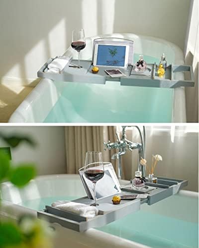 Kfjbx הניתן להרחבה אמבטיה מגש ספא אמבטיה מארגן קאדי מדף מדף יין מחזיק טבליות יין. מדף מגש אמבטיה תחתון
