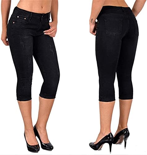 מכנסי ג'ינס מותניים גבוהים לנשים עפרון צמוד אורך עגל אורך כפתור מוצק קפרי קרוע מכנסי מכנסי מכנסי